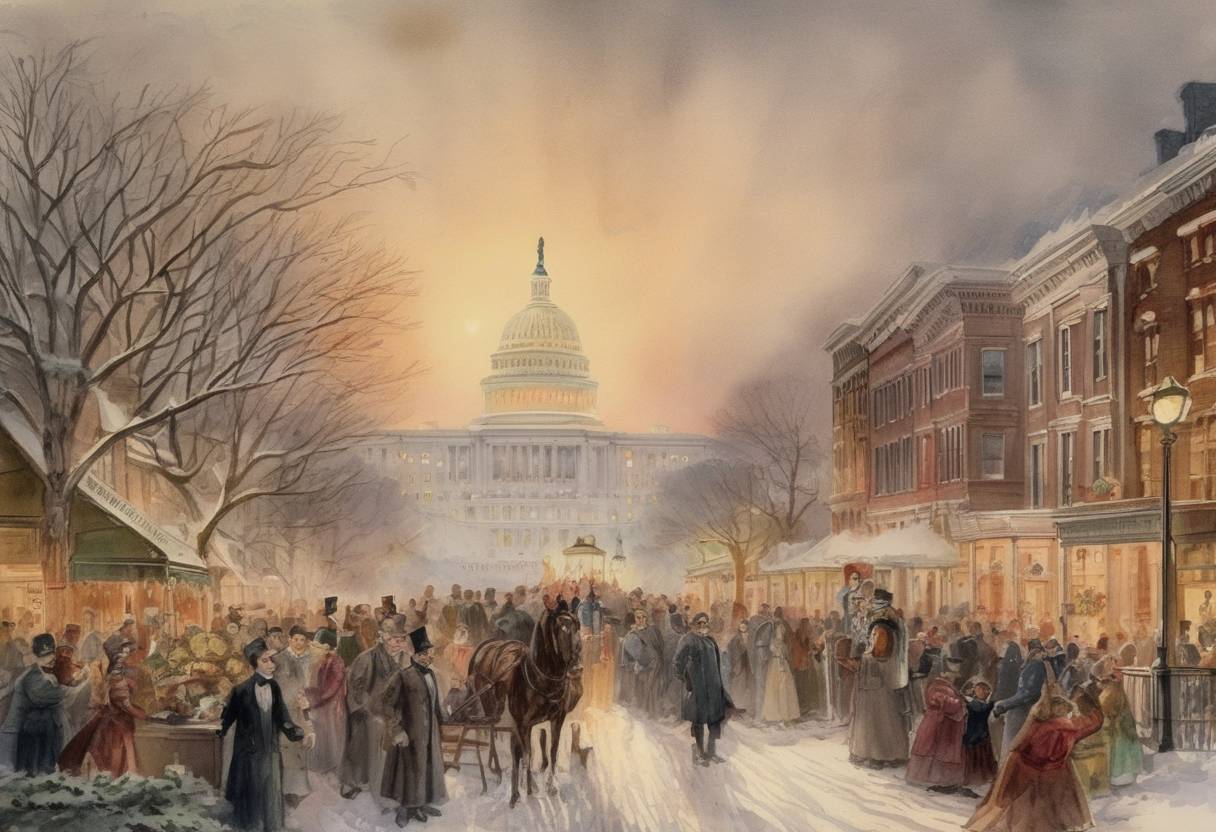 Watercolor painting based depiction of The Christian holiday of Christmas was declared a federal holiday in the United States. (1870)