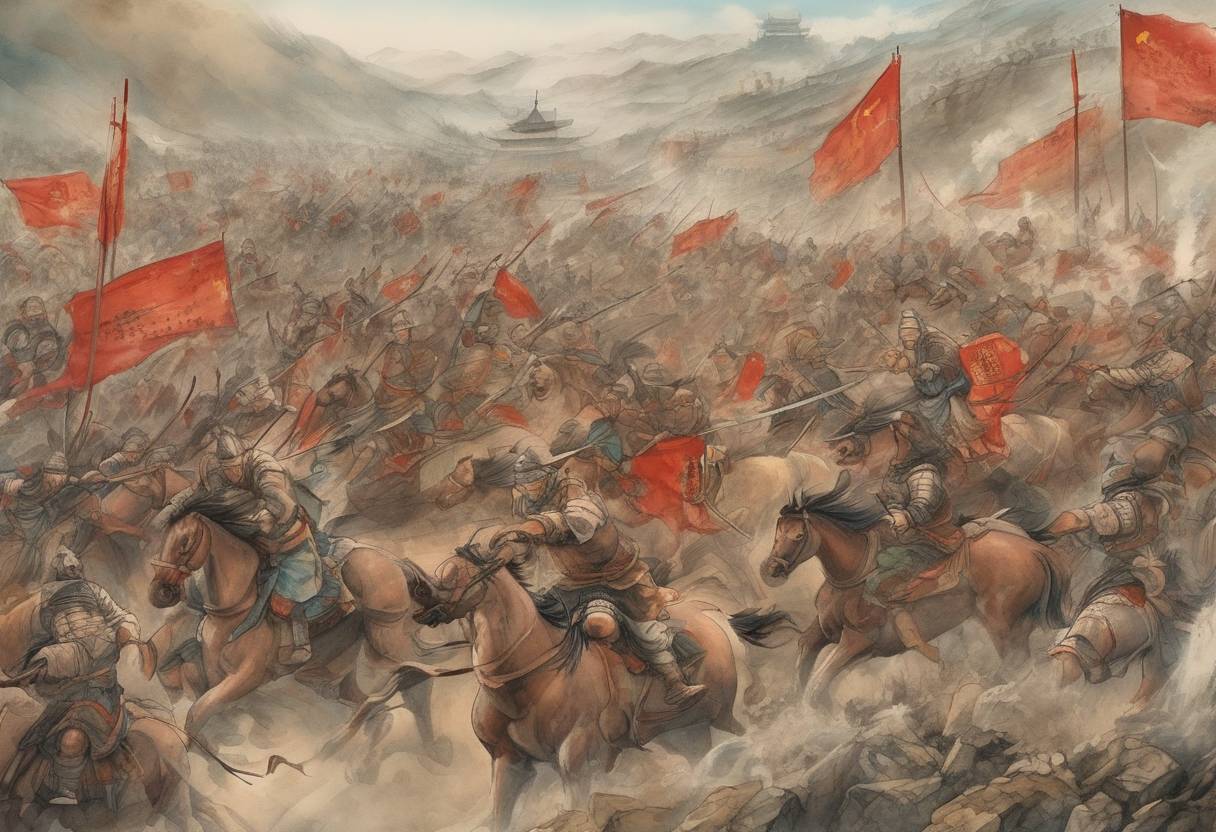 Watercolor painting based depiction of The Battle of Yamen took place, marking the end of the Song dynasty in China as the Mongol-led Yuan dynasty established control. (1279)