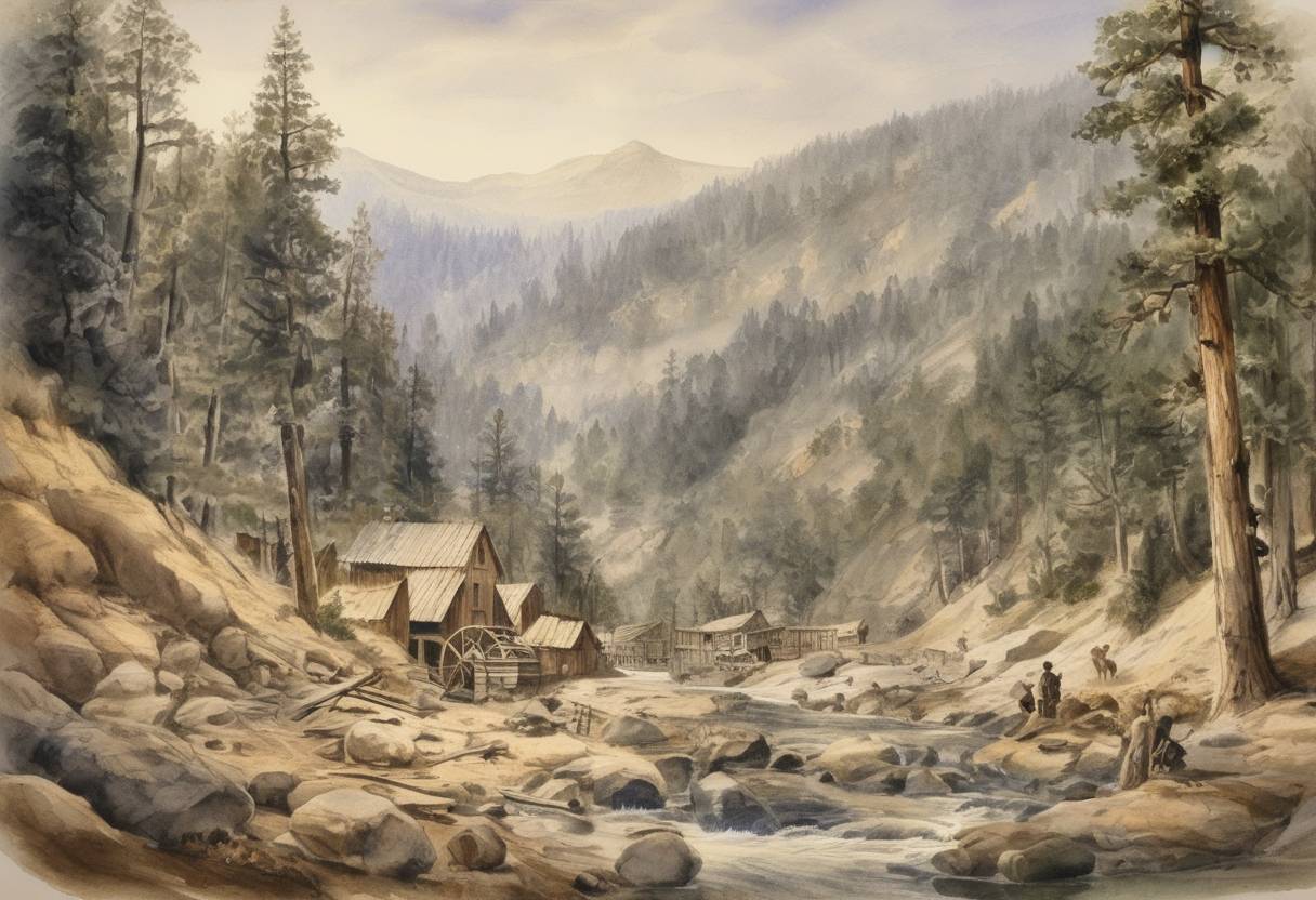 Watercolor painting based depiction of James W. Marshall discovered gold at Sutter's Mill in Coloma, California, leading to the California Gold Rush. (1848)