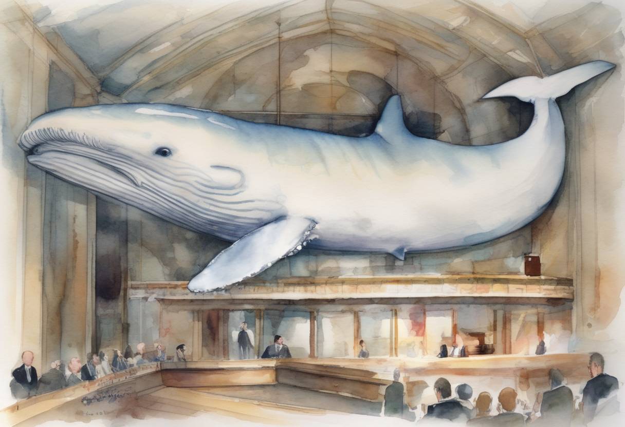 Watercolor painting based depiction of The International Court of Justice ruled in favor of Australia in a case against Japan's whaling program, ordering Japan to halt its whaling activities in the Antarctic. (2014)