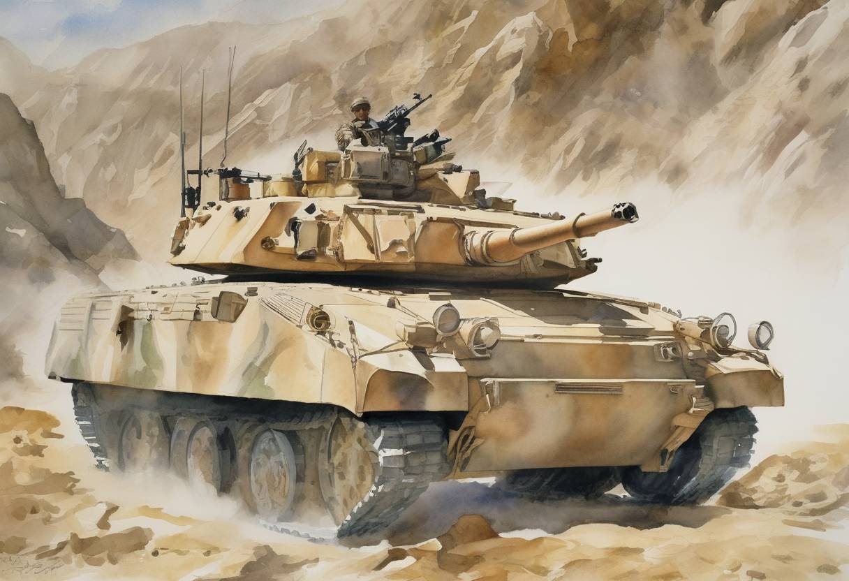 Watercolor painting based depiction of Armed forces of the United States launched Operation Mountain Storm in Afghanistan, aimed at eliminating Taliban and Al-Qaeda forces in the region. (2004)