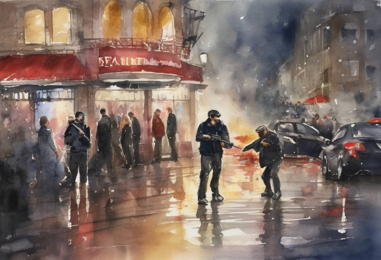 Watercolor painting based depiction of A gunman opens fire at the Reina nightclub in Istanbul during New Year's celebrations, killing 39 people and injuring 79 others. The attack is later claimed by ISIS. (2017)