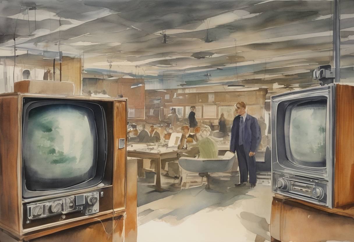 Watercolor painting based depiction of The BBC broadcasts its first color television transmission, marking a significant advancement in broadcasting technology. (1967)