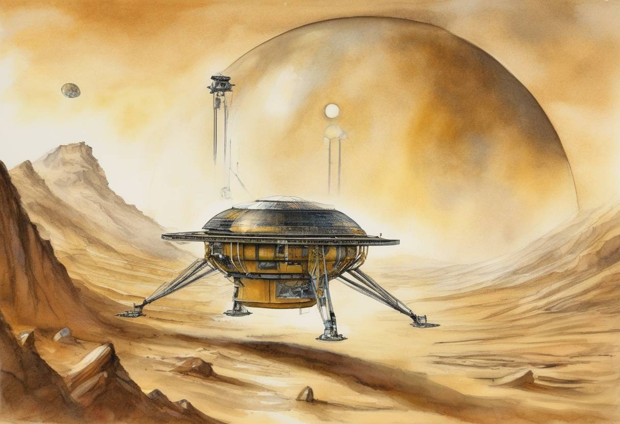 Watercolor painting based depiction of The European Space Agency's Huygens probe successfully lands on Saturn's moon Titan, marking the first landing on a moon in the outer solar system. (2005)