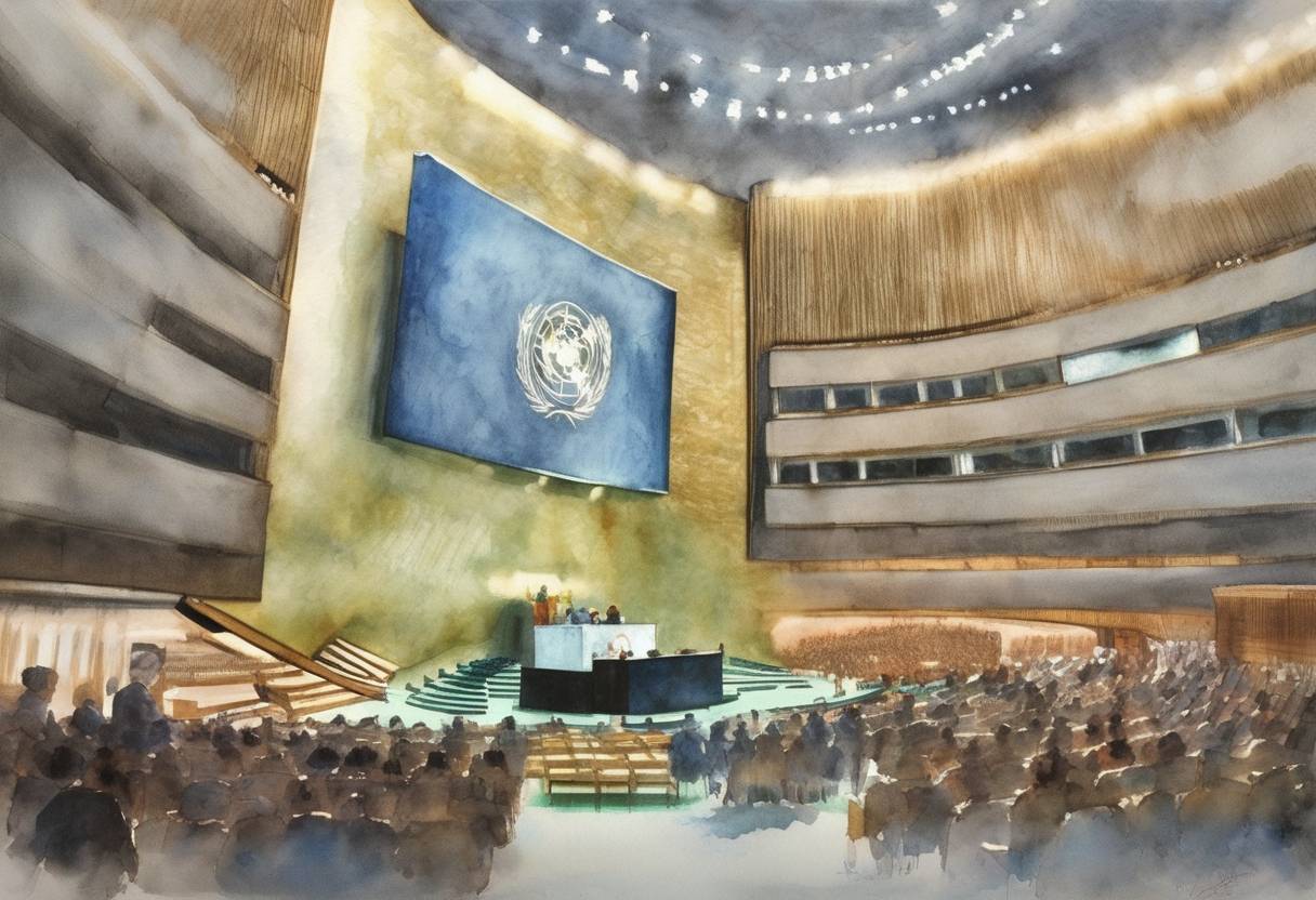 Watercolor painting based depiction of The United States loses its seat on the United Nations Human Rights Commission for the first time since the commission was formed in 1947. (2001)