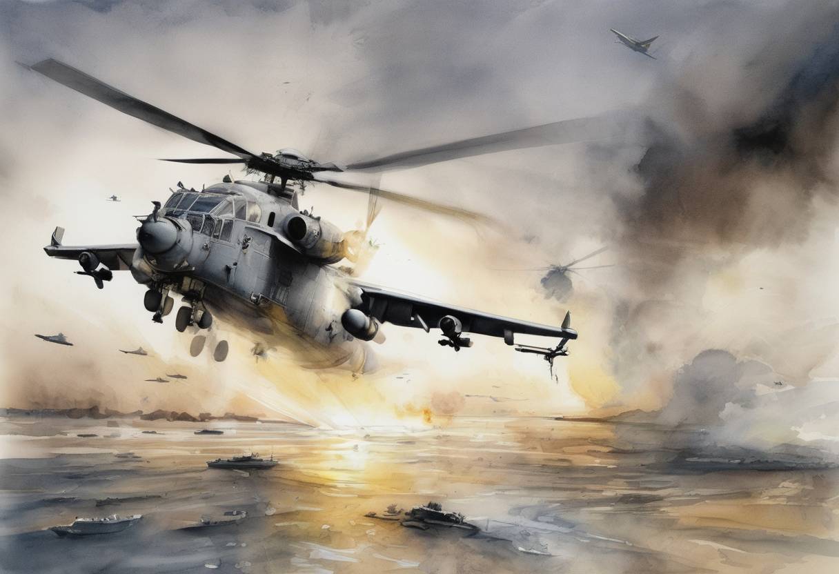 Watercolor painting based depiction of U.S. President George W. Bush declared the end of major combat operations in Iraq aboard the USS Abraham Lincoln, marking a significant moment in the Iraq War. (2003)