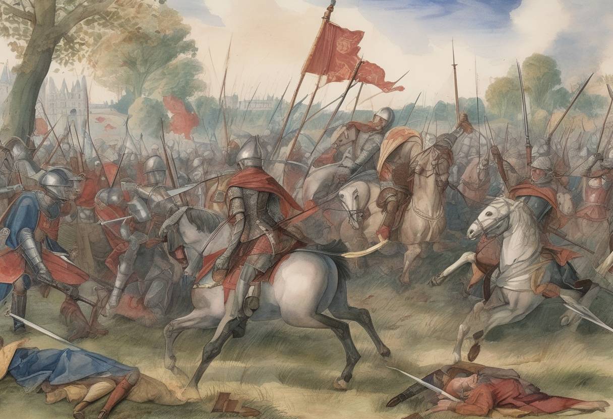 Watercolor painting based depiction of The First Battle of St Albans, the opening battle of the Wars of the Roses, took place. It marked the beginning of a series of civil wars for control of the throne of England between the rival houses of Lancaster and York. (1455)