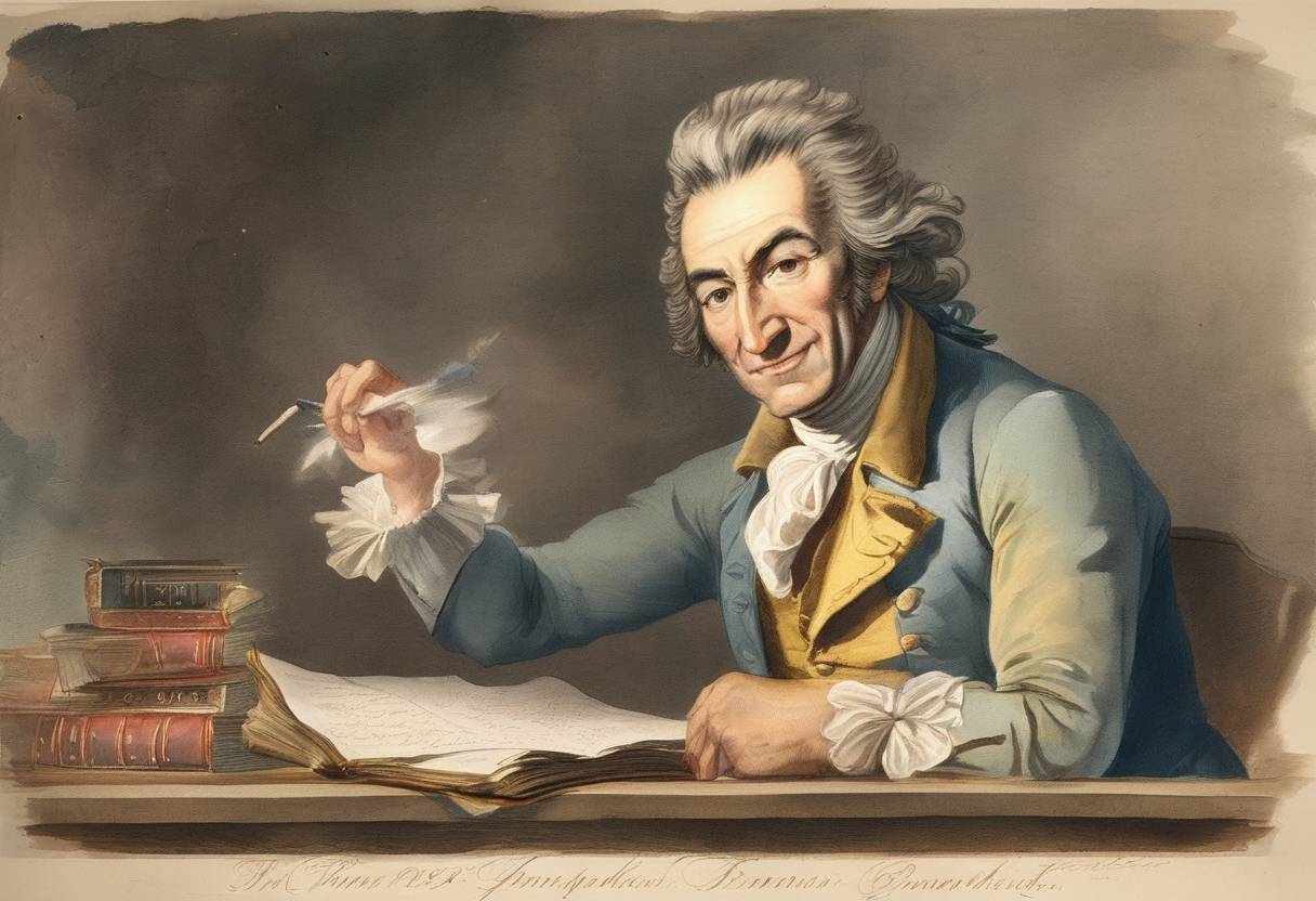 Watercolor painting based depiction of Thomas Paine publishes his pamphlet 'Common Sense' advocating American independence. (1776)