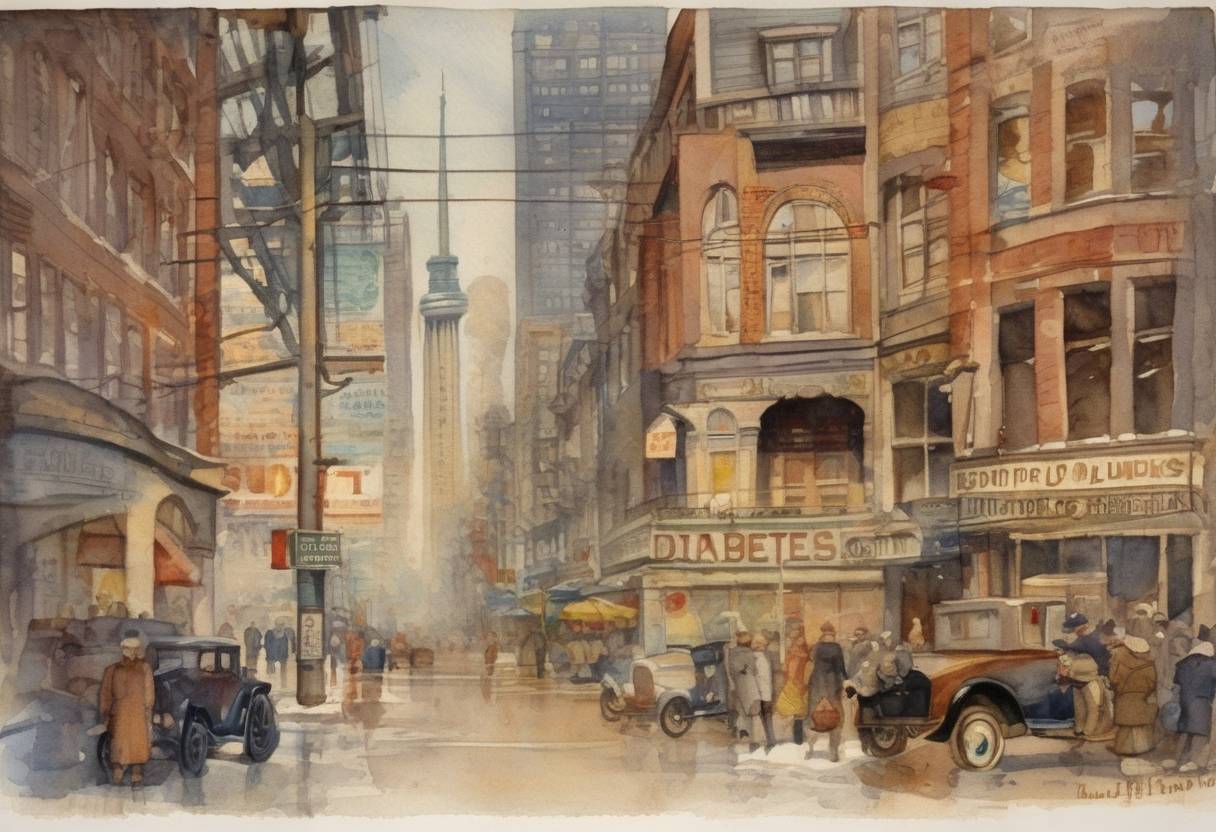 Watercolor painting based depiction of Insulin was first used to treat diabetes in a human patient. (1922)