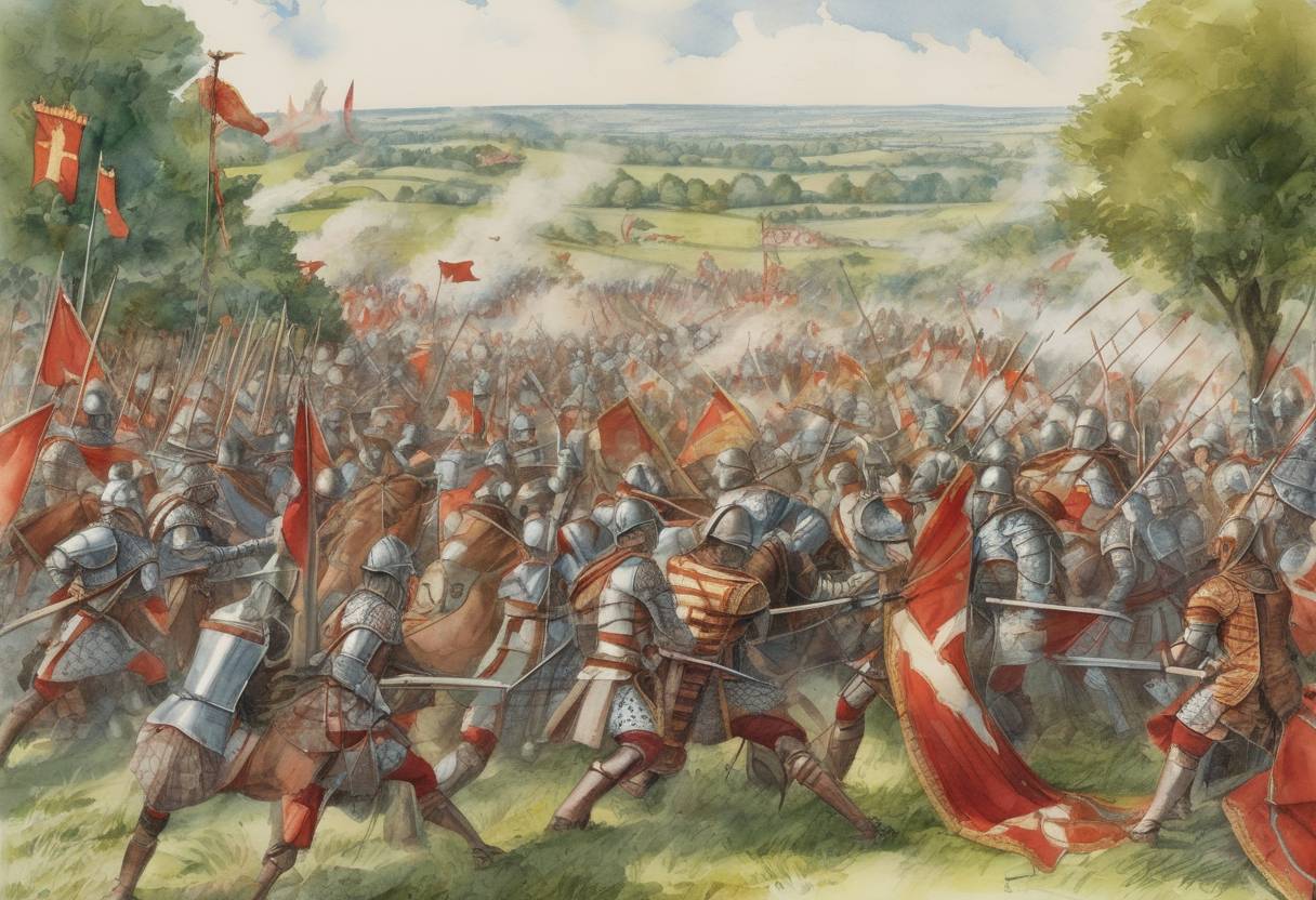 Watercolor painting based depiction of The Second Barons' War: The Battle of Evesham takes place, where the forces of Prince Edward defeat the army of Simon de Montfort, effectively ending the rebellion against King Henry III of England. (1265)