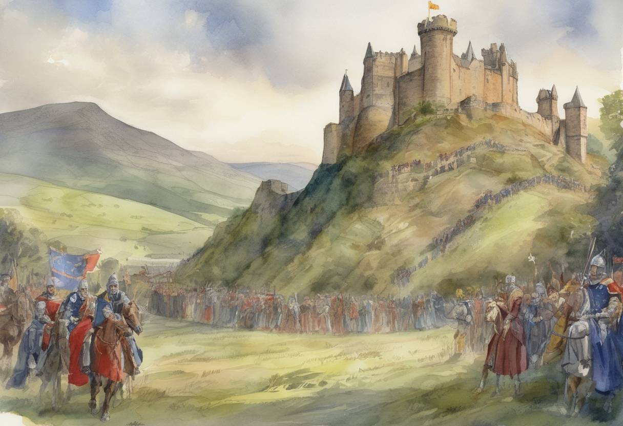 Watercolor painting based depiction of Robert the Bruce was crowned King of Scots at Scone, marking a significant moment in the Wars of Scottish Independence. (1306)
