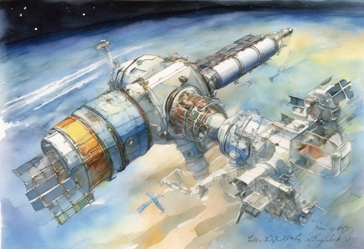 Watercolor painting based depiction of The Russian space station Mir re-enters Earth's atmosphere and breaks up over the South Pacific Ocean after 15 years in orbit. (2001)
