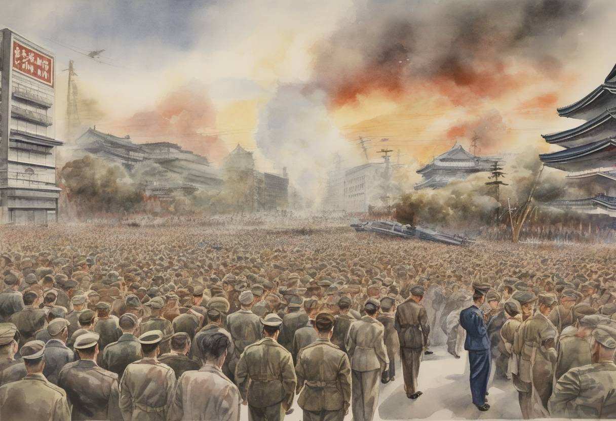 Watercolor painting based depiction of Japan announced its unconditional surrender to the Allies, effectively ending World War II. This day is known as V-J Day (Victory over Japan Day). (1945)