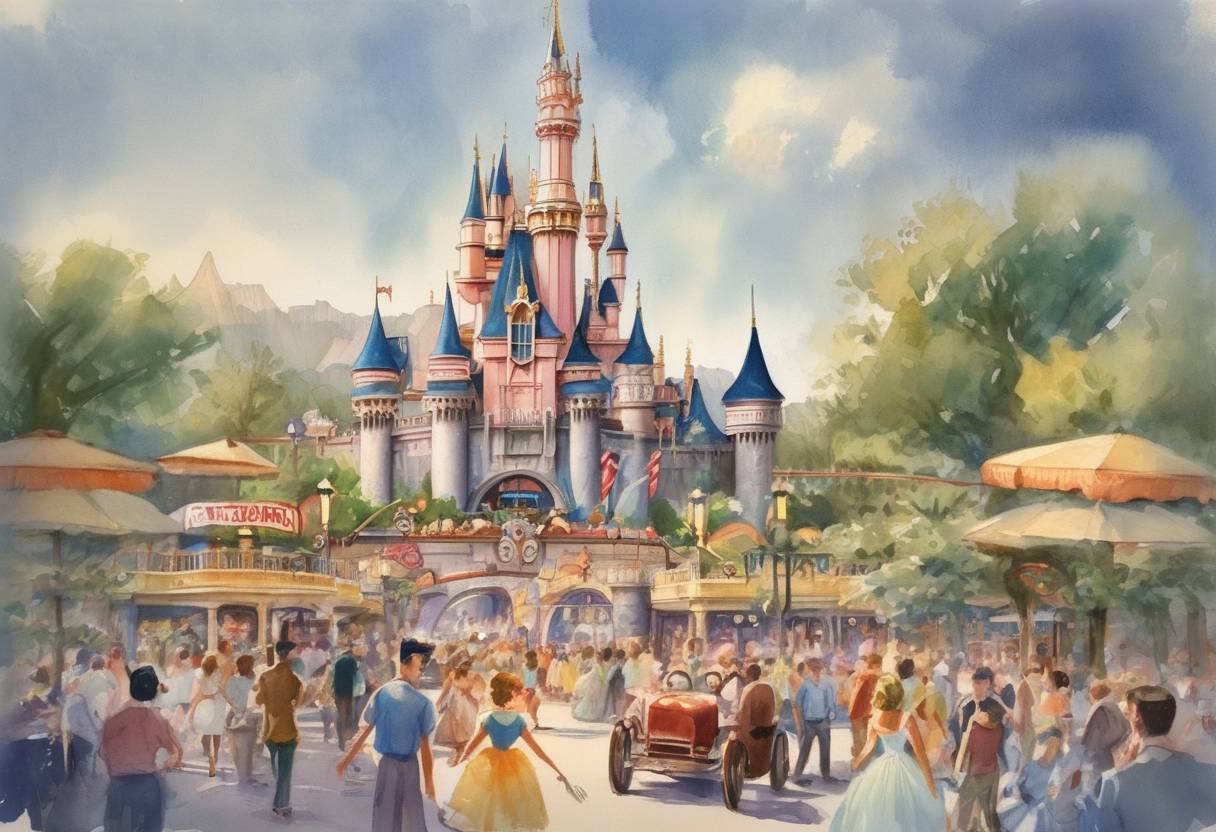 Watercolor painting based depiction of Disneyland, the first Disney theme park, opened in Anaheim, California, marking a significant moment in entertainment history. (1955)