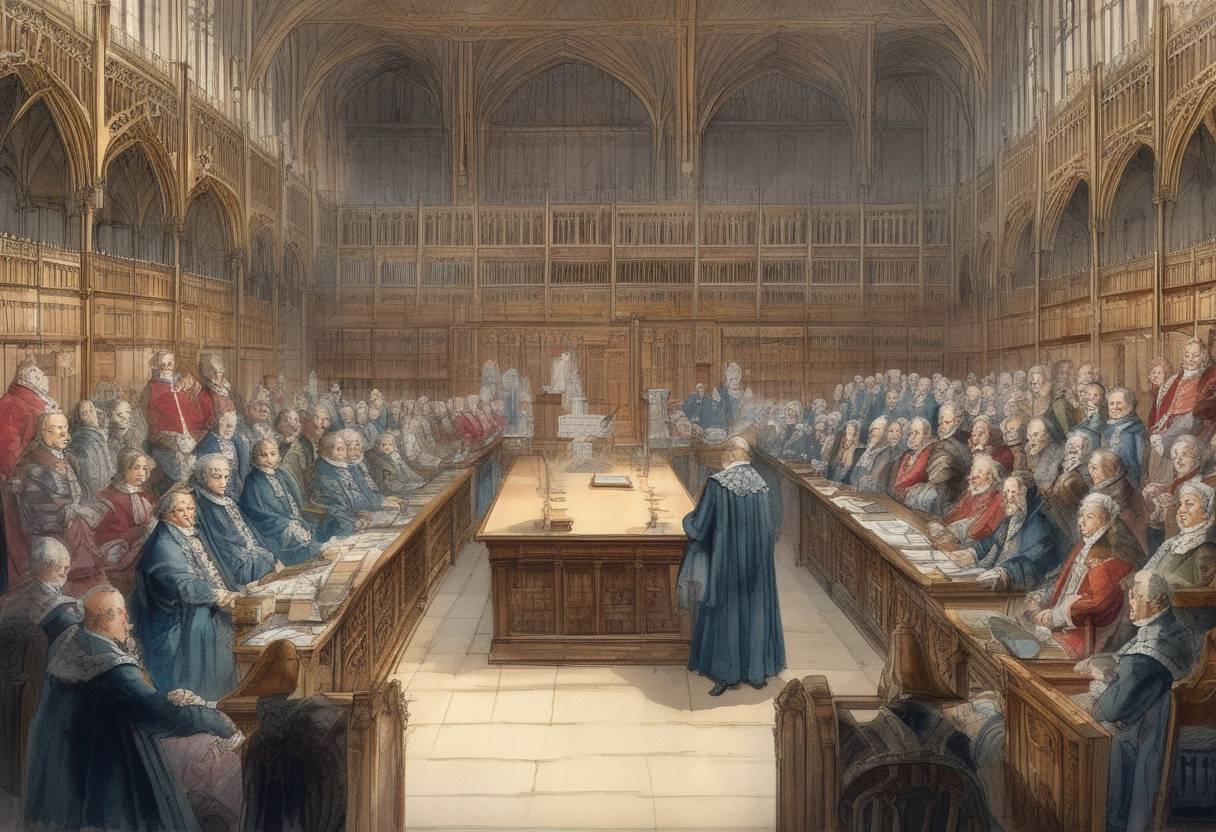 Watercolor painting based depiction of The first English Parliament to include not only lords but also representatives of the major towns convened at Westminster, marking a significant step in the development of the parliamentary system. (1265)