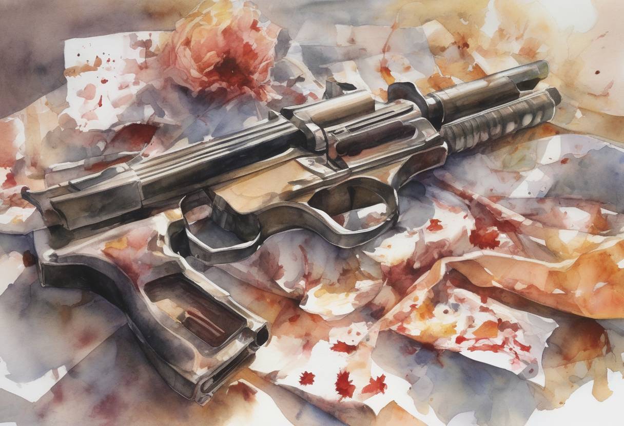 Watercolor painting based depiction of The Virginia Tech shooting occurred, resulting in the deaths of 32 people and the gunman, Seung-Hui Cho, in one of the deadliest school shootings in U.S. history. (2007)