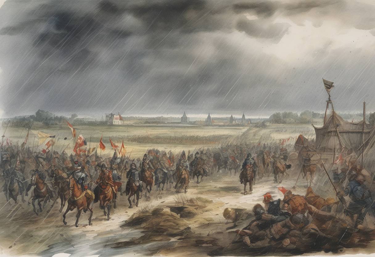 Watercolor painting based depiction of The Battle of Rain occurred during the Thirty Years' War, where Swedish forces under Gustavus Adolphus defeated the Holy Roman Empire's army. (1632)