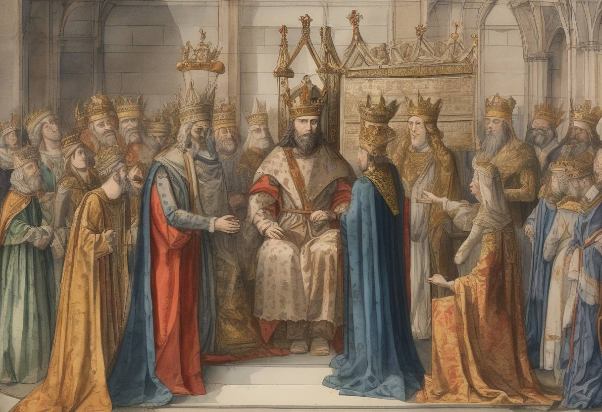 Watercolor painting based depiction of Edward III is crowned King of England after the deposition of his father, Edward II. (1327)
