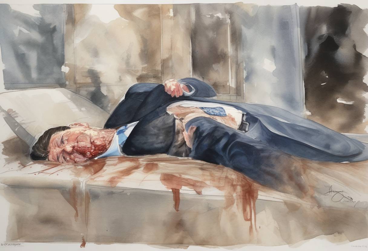 Watercolor painting based depiction of U.S. President Ronald Reagan was shot and wounded by John Hinckley Jr. in an assassination attempt outside a Washington, D.C. hotel. (1981)