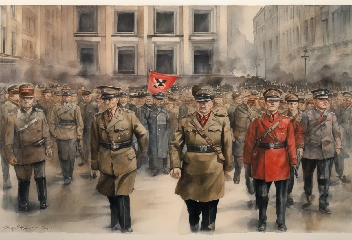 Watercolor painting based depiction of The Gestapo, the official secret police of Nazi Germany, is established by Hermann Göring. (1933)
