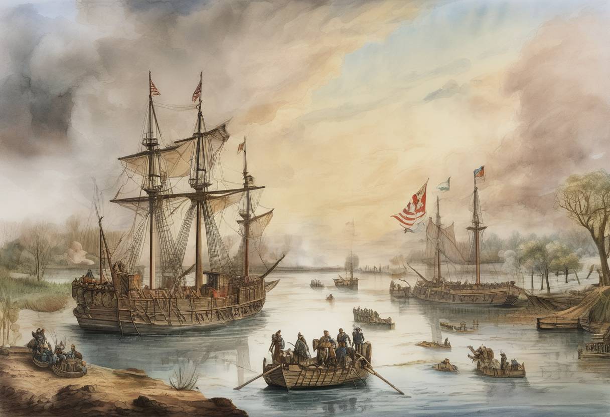 Watercolor painting based depiction of Hernando de Soto reaches the Mississippi River, becoming the first recorded European to do so. (1541)