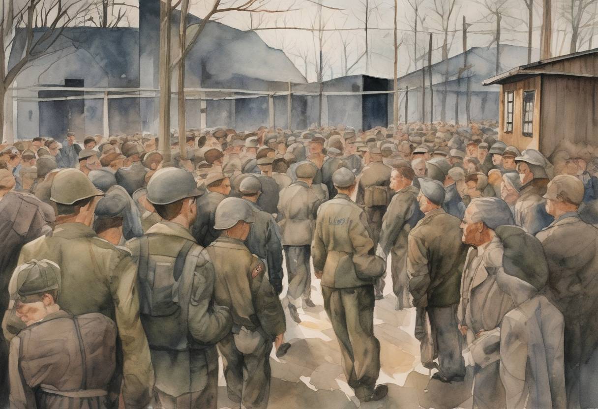 Watercolor painting based depiction of American forces liberated the Buchenwald concentration camp near Weimar, Germany, during World War II. This was one of the first major concentration camps to be liberated by Allied forces. (1945)