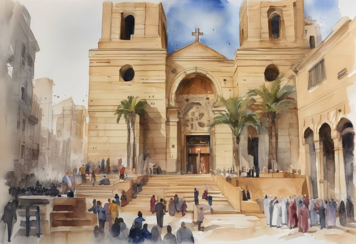 Watercolor painting based depiction of Two churches in Egypt are bombed by ISIS during Palm Sunday services, resulting in at least 45 deaths and numerous injuries. (2017)