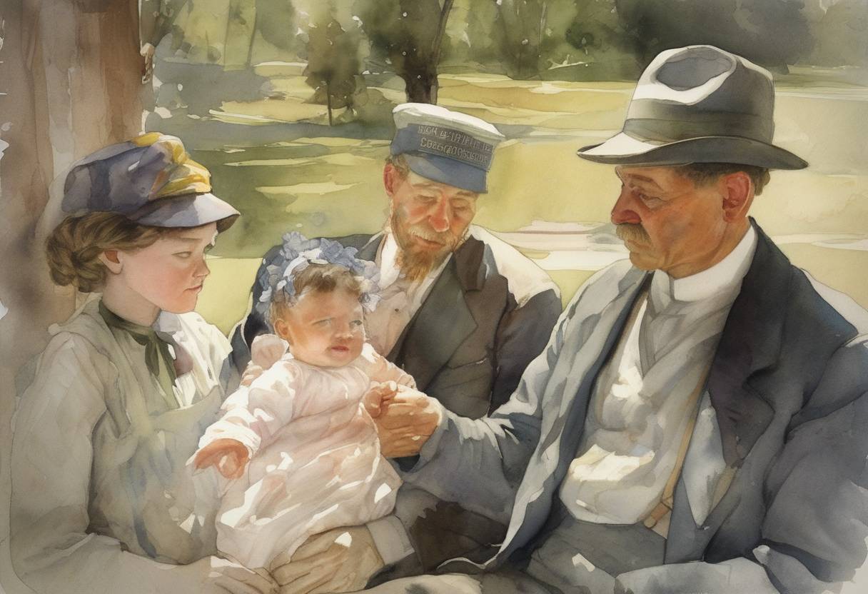 Watercolor painting based depiction of The first Father's Day is celebrated in Spokane, Washington, initiated by Sonora Smart Dodd to honor her father, a Civil War veteran and single parent. (1910)