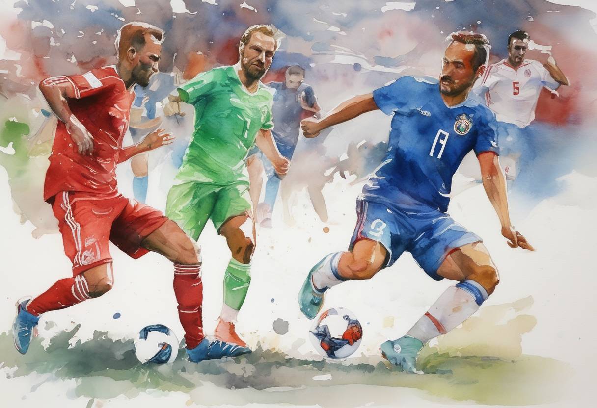 Watercolor painting based depiction of The 2018 FIFA World Cup began in Russia, marking the first time the tournament was held in Eastern Europe. The opening match was played between Russia and Saudi Arabia. (2018)