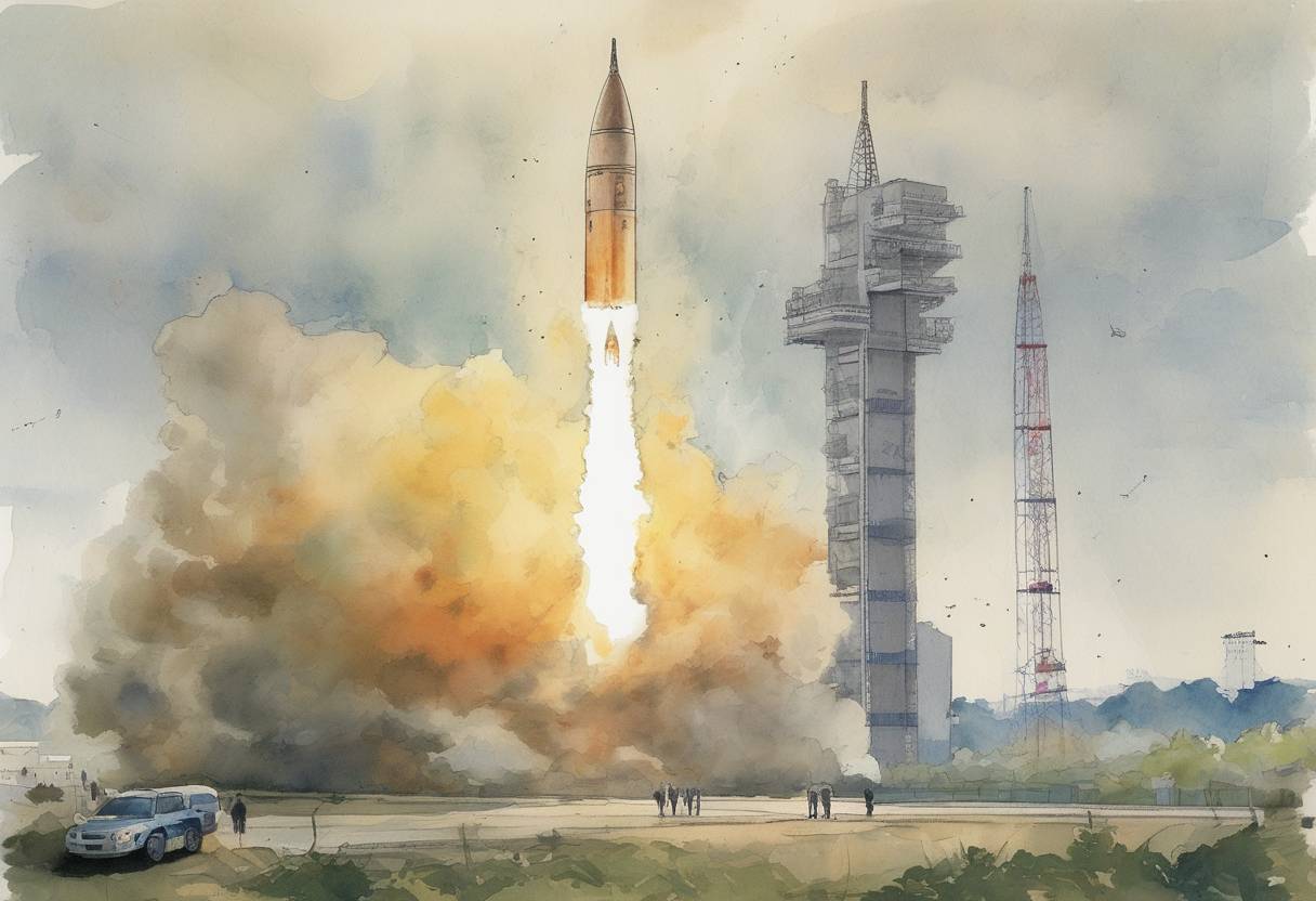 Watercolor painting based depiction of North Korea launched a long-range rocket, which it claimed was carrying a communications satellite. The launch was widely condemned by the international community, including the United Nations, as a violation of UN Security Council resolutions prohibiting North Korea from conducting ballistic missile tests. (2009)