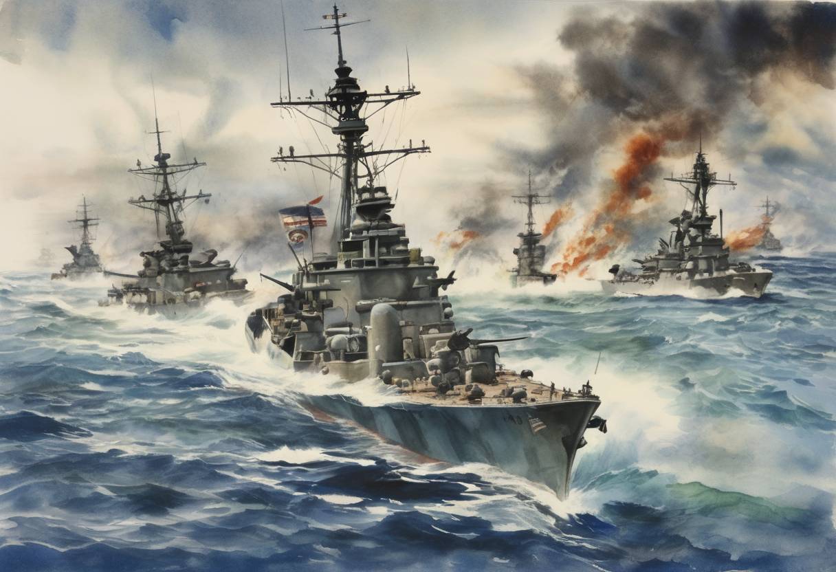 Watercolor painting based depiction of The Battle of the Philippine Sea, a major naval battle of World War II, takes place between the United States and Japan, resulting in a decisive American victory. (1944)