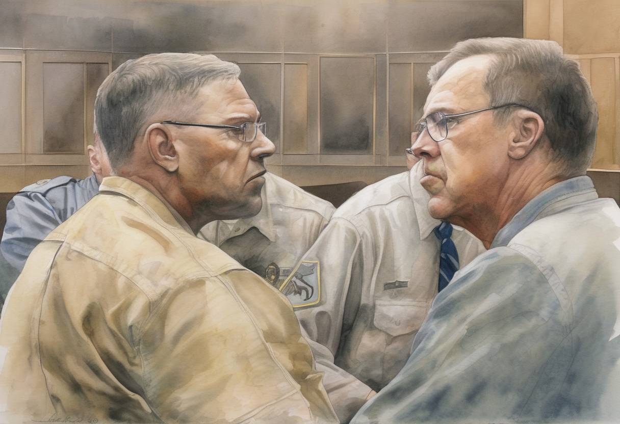 Watercolor painting based depiction of The United States Army veteran Terry Nichols is sentenced to 161 consecutive life terms without the possibility of parole for his role in the Oklahoma City bombing. (2004)