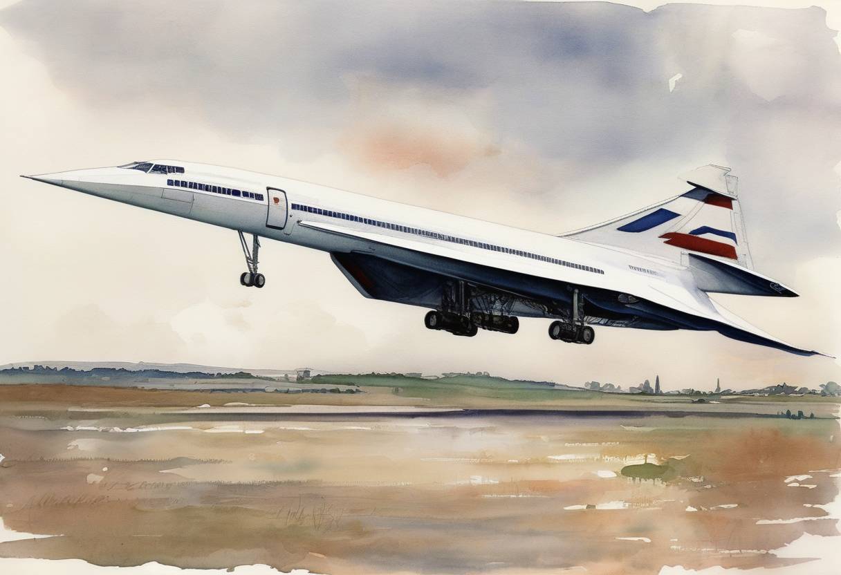 Watercolor painting based depiction of The first test flight of the Concorde, a supersonic passenger airliner, took place in Toulouse, France. (1969)