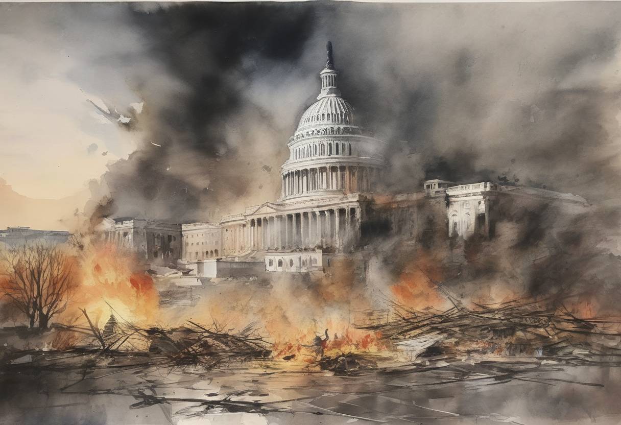 Watercolor painting based depiction of A bomb exploded in the Capitol building in Washington, D.C., causing extensive damage but no injuries. The Weather Underground claimed responsibility. (1971)