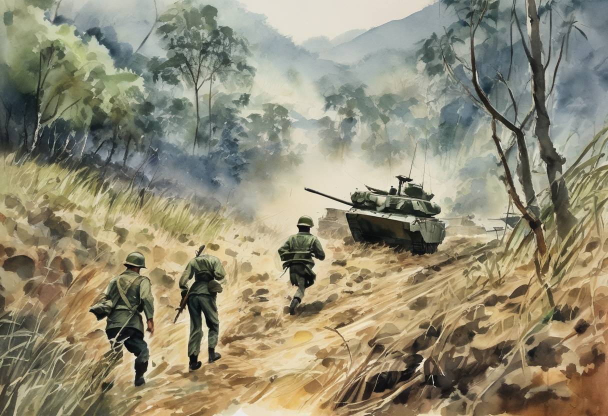 Watercolor painting based depiction of The Battle of Hamburger Hill during the Vietnam War ended after ten days of intense fighting, with U.S. and South Vietnamese forces capturing the heavily fortified hill from North Vietnamese troops. (1969)