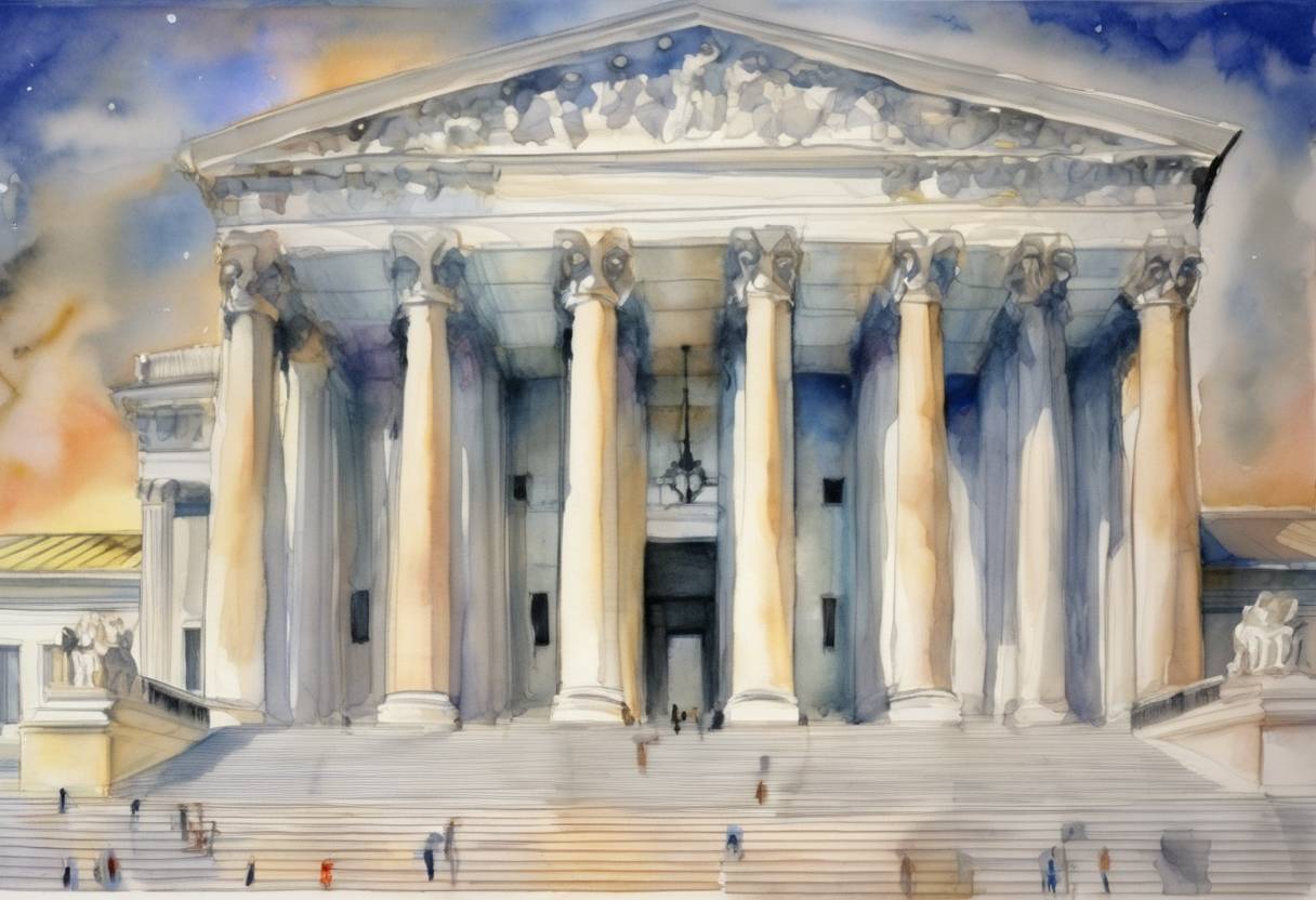 Watercolor painting based depiction of The United States Supreme Court ruled in the case of Bush v. Gore, effectively ending the Florida recount and resolving the 2000 presidential election in favor of George W. Bush. (2001)