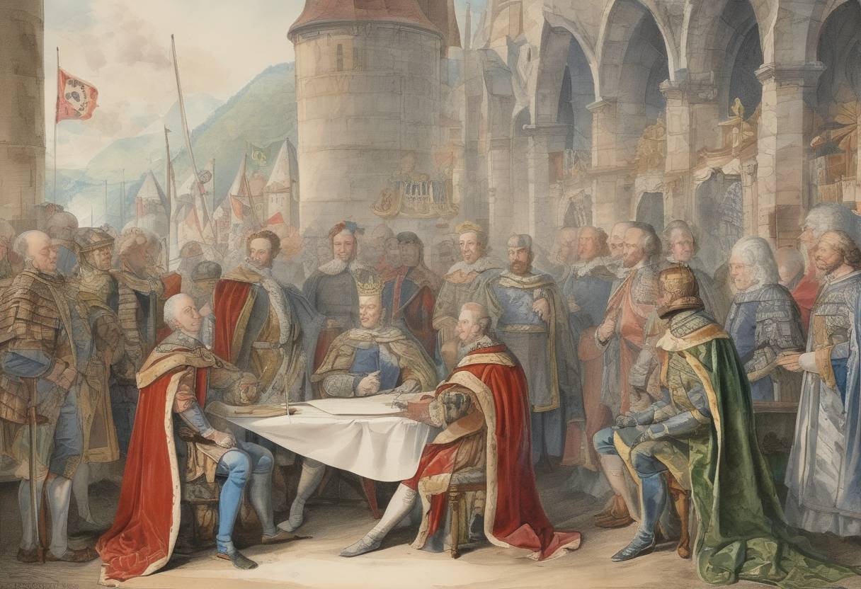 Watercolor painting based depiction of The Treaty of Rheinfelden was signed, which was an agreement between the Habsburg brothers Albert I and Rudolf II, dividing their inheritance and territories. (1283)