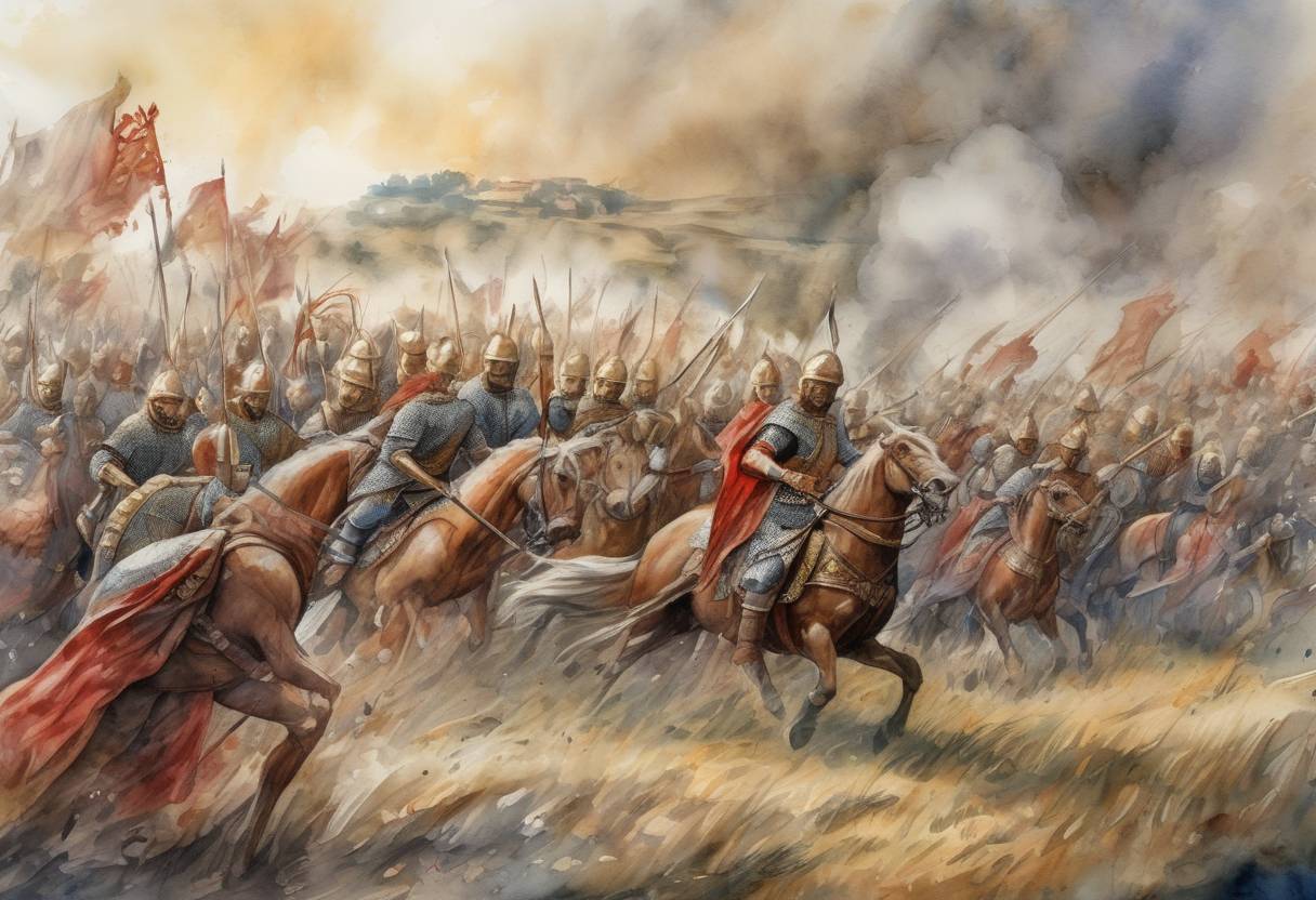 Watercolor painting based depiction of Odo the Great defeated the Moors at the Battle of Toulouse, halting their advance into Aquitaine. (721)