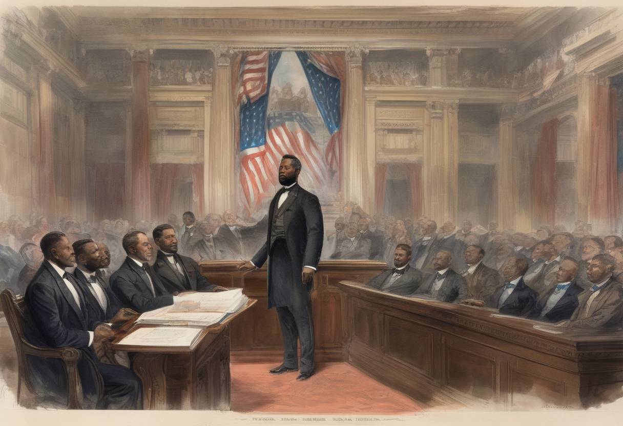 Watercolor painting based depiction of Hiram Rhodes Revels was sworn into the United States Senate, becoming the first African American to serve in the U.S. Congress. (1870)