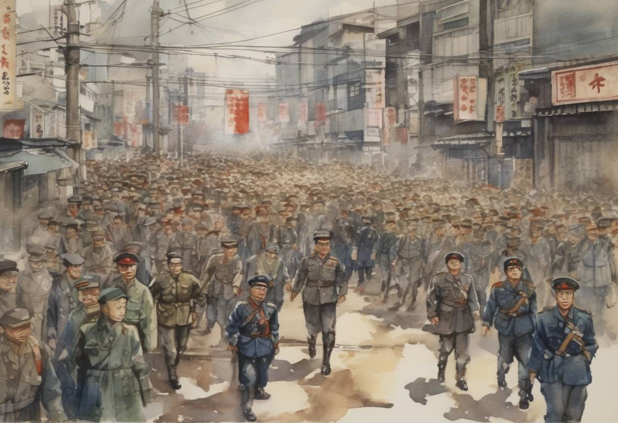 Watercolor painting based depiction of The February 26 Incident occurred in Japan, an attempted coup d'état by young officers of the Imperial Japanese Army. (1936)