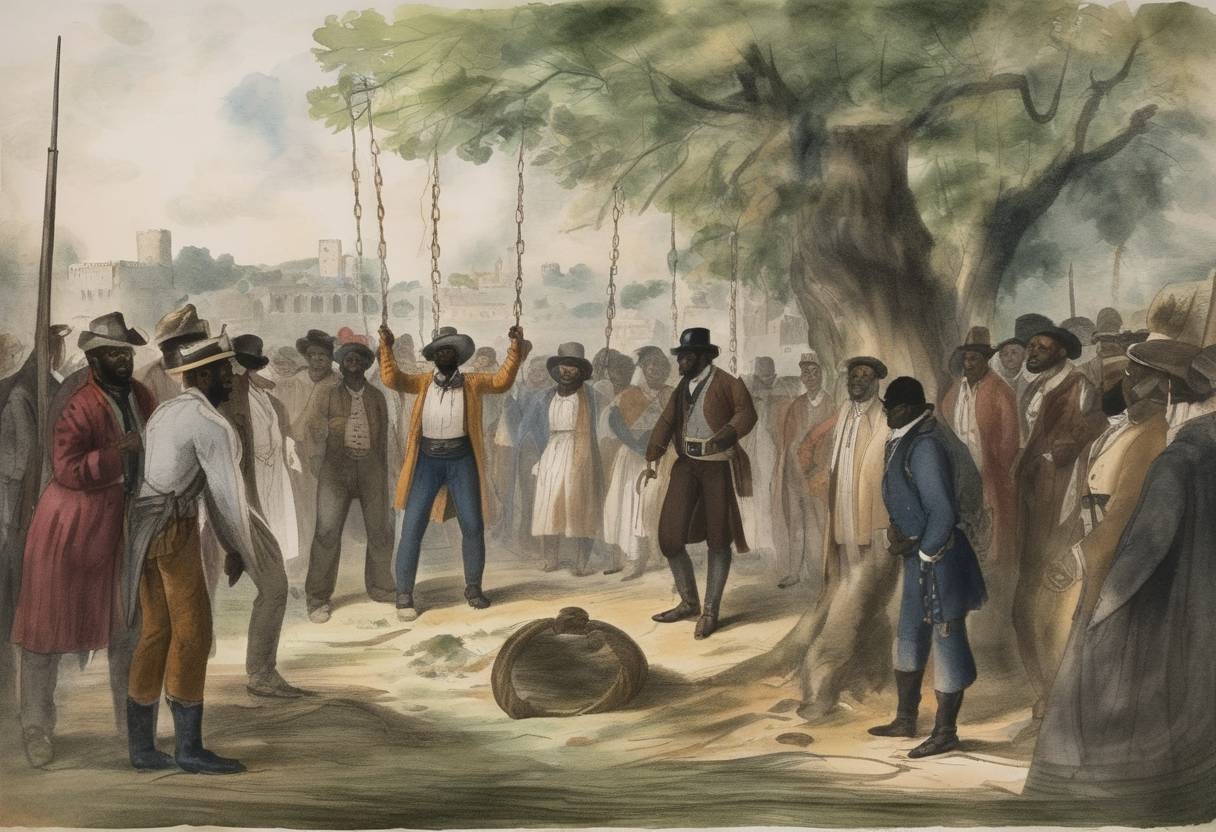 Watercolor painting based depiction of Revolutionary and slave rebellion leader Nat Turner is hanged in Virginia. (1831)