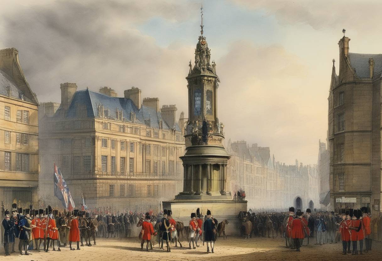 Watercolor painting based depiction of The Treaty of Edinburgh-Northampton was ratified at the Parliament of England, marking the end of the First War of Scottish Independence and recognizing Scotland's independence. (1328)