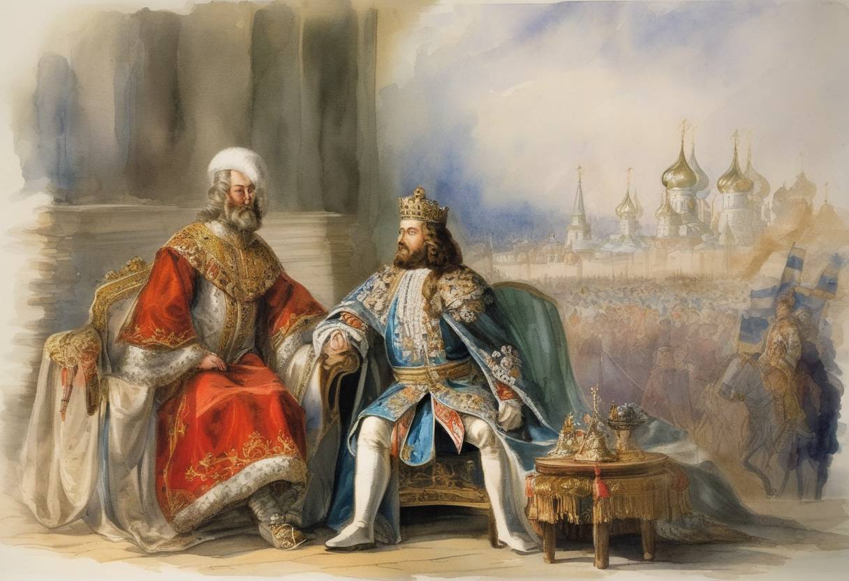 Watercolor painting based depiction of Feodor III became Tsar of Russia after the death of his father, Tsar Alexis. (1676)