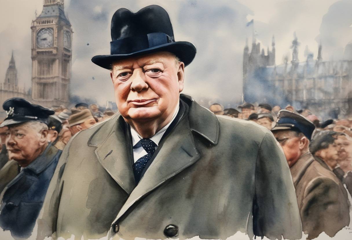 Watercolor painting based depiction of Winston Churchill became Prime Minister of the United Kingdom for the second time, after his Conservative Party won the general election. (1951)