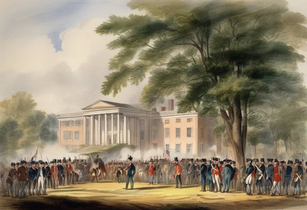 Watercolor painting based depiction of Hartford Convention met to draft plans for a New England confederacy during the War of 1812. (1838)