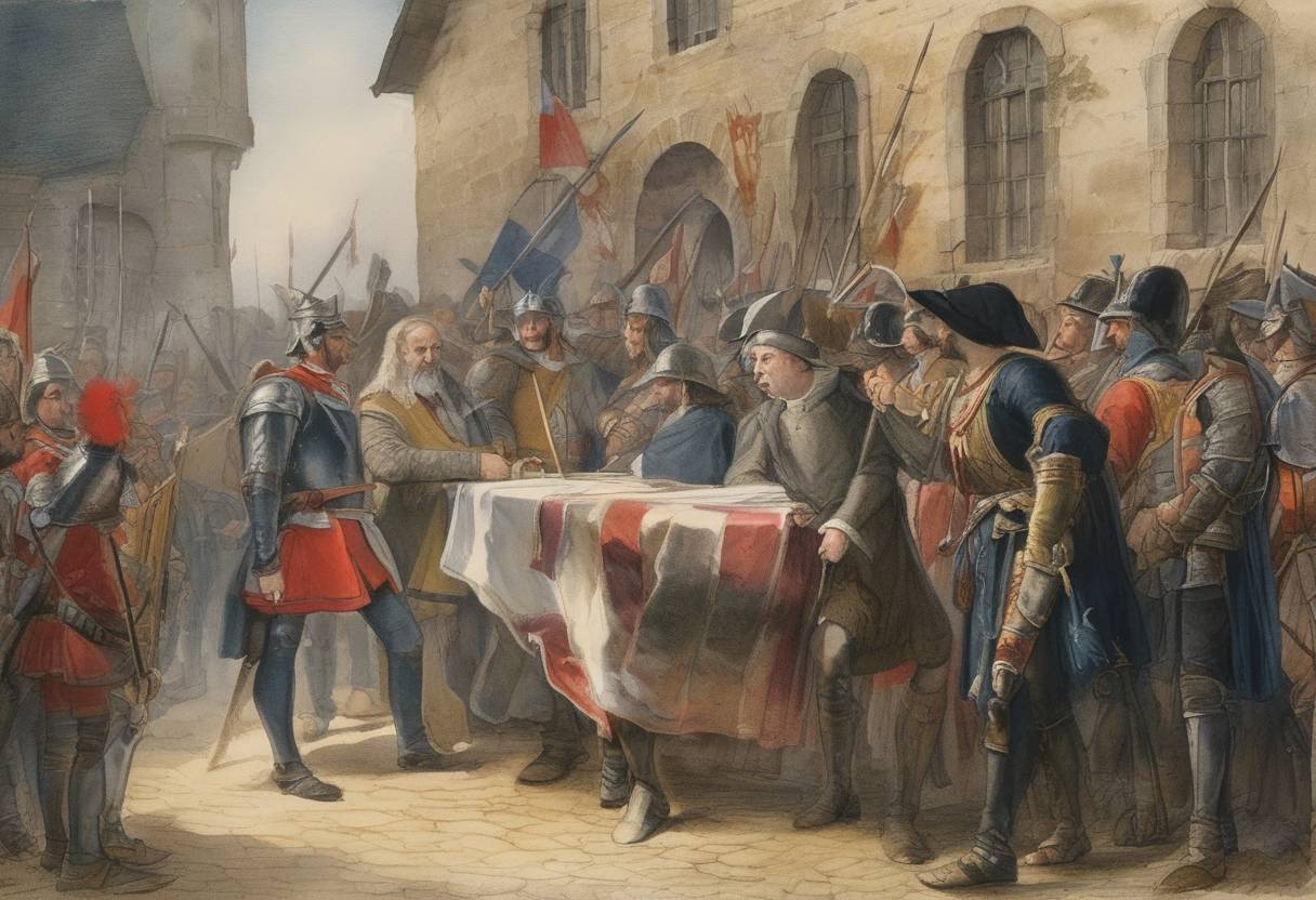 Watercolor painting based depiction of The Treaty of Brétigny is ratified between England and France during the Hundred Years' War, marking a temporary end to hostilities. (1360)