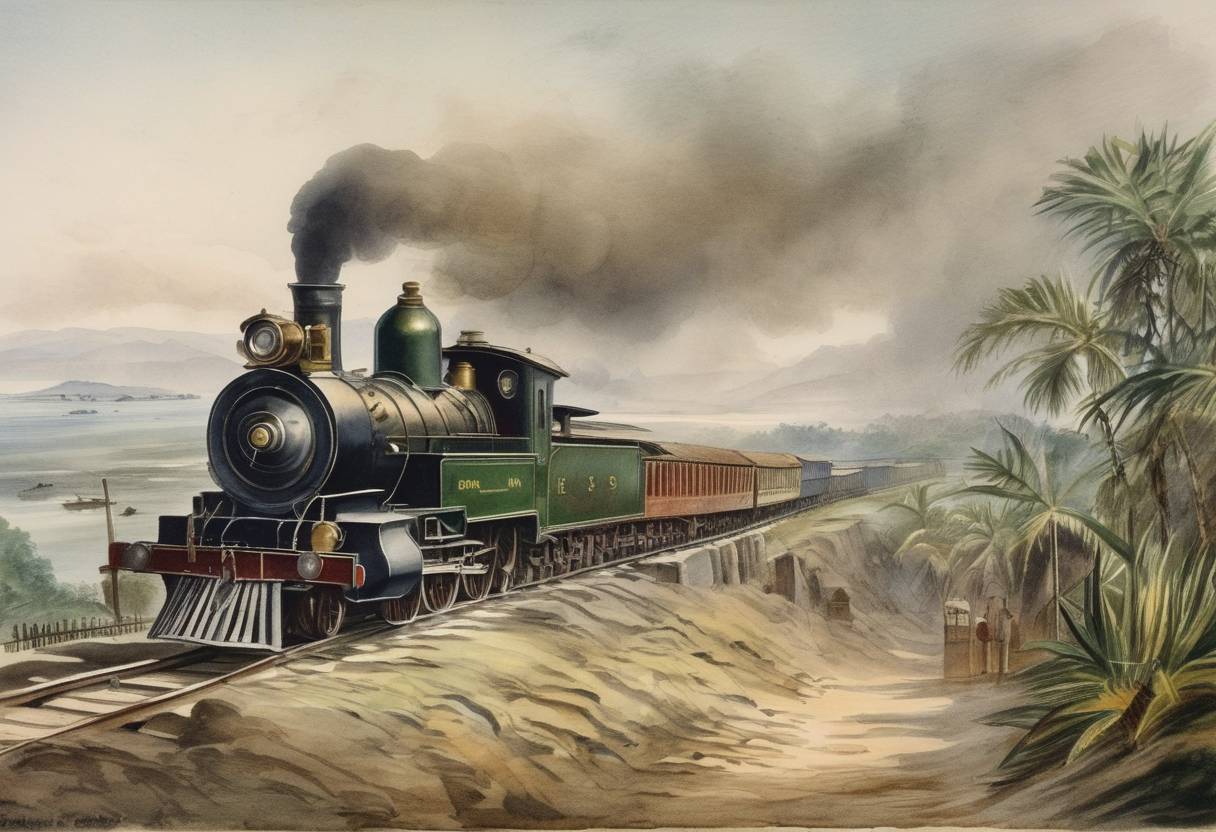 Watercolor painting based depiction of The Panama Railway, the first transcontinental railroad, connecting the Atlantic and Pacific Oceans, was completed. (1855)