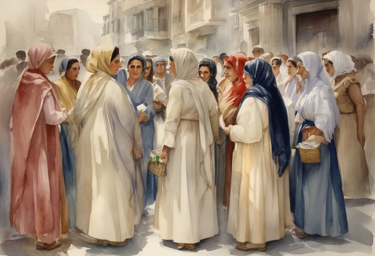 Watercolor painting based depiction of The women of Greece are granted the right to vote in national elections, marking a significant step in the country's progress towards gender equality. (1952)