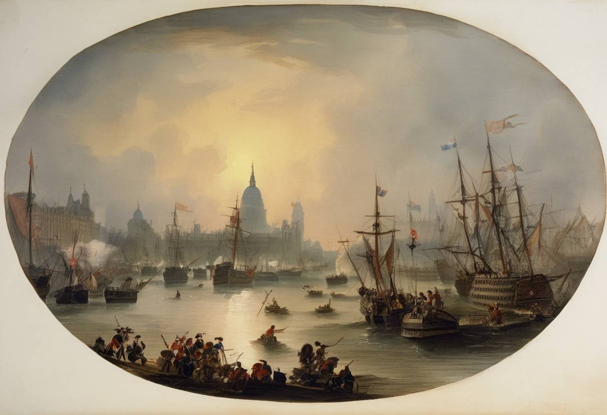 Watercolor painting based depiction of The Seven Years' War begins when Great Britain declares war on France. (1756)