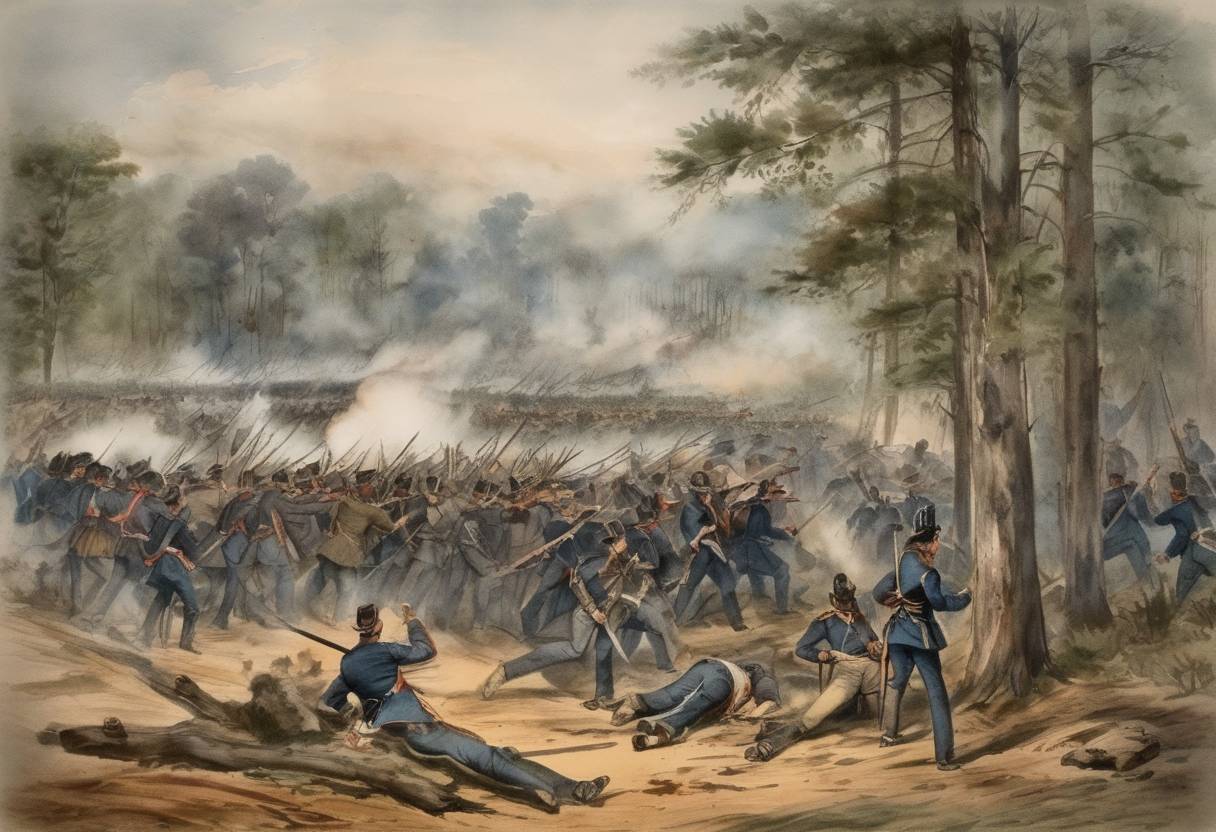 Watercolor painting based depiction of The Battle of Seven Pines (or Battle of Fair Oaks) continues during the American Civil War, resulting in inconclusive results and significant casualties for both Confederate and Union forces. (1862)